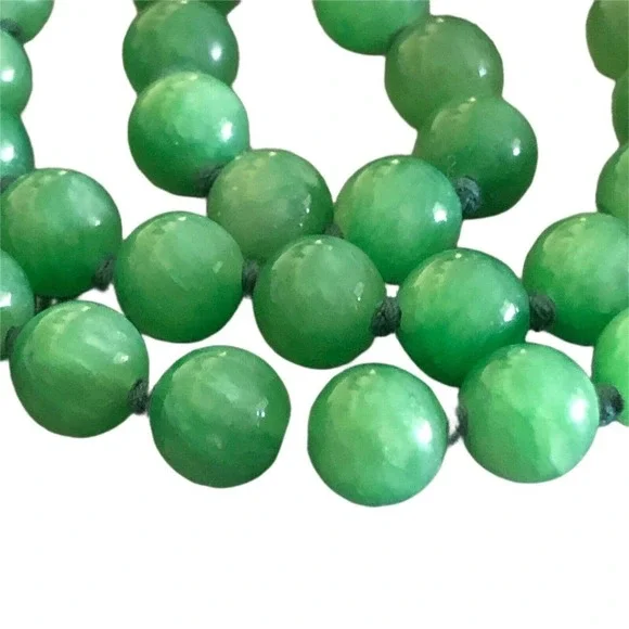 Green Jade Beaded Tassel Pendant Necklace Carved Elephant Silk Knotted 92 Gram - Picture 5 of 12